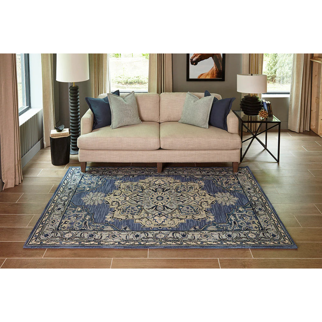 Momeni Ibiza IBI-1 Denim Area Rug &amp; Runner - Traditional Hand Tufted Persian Rug Made of Medium Pile 100% Wool with Medallion Design