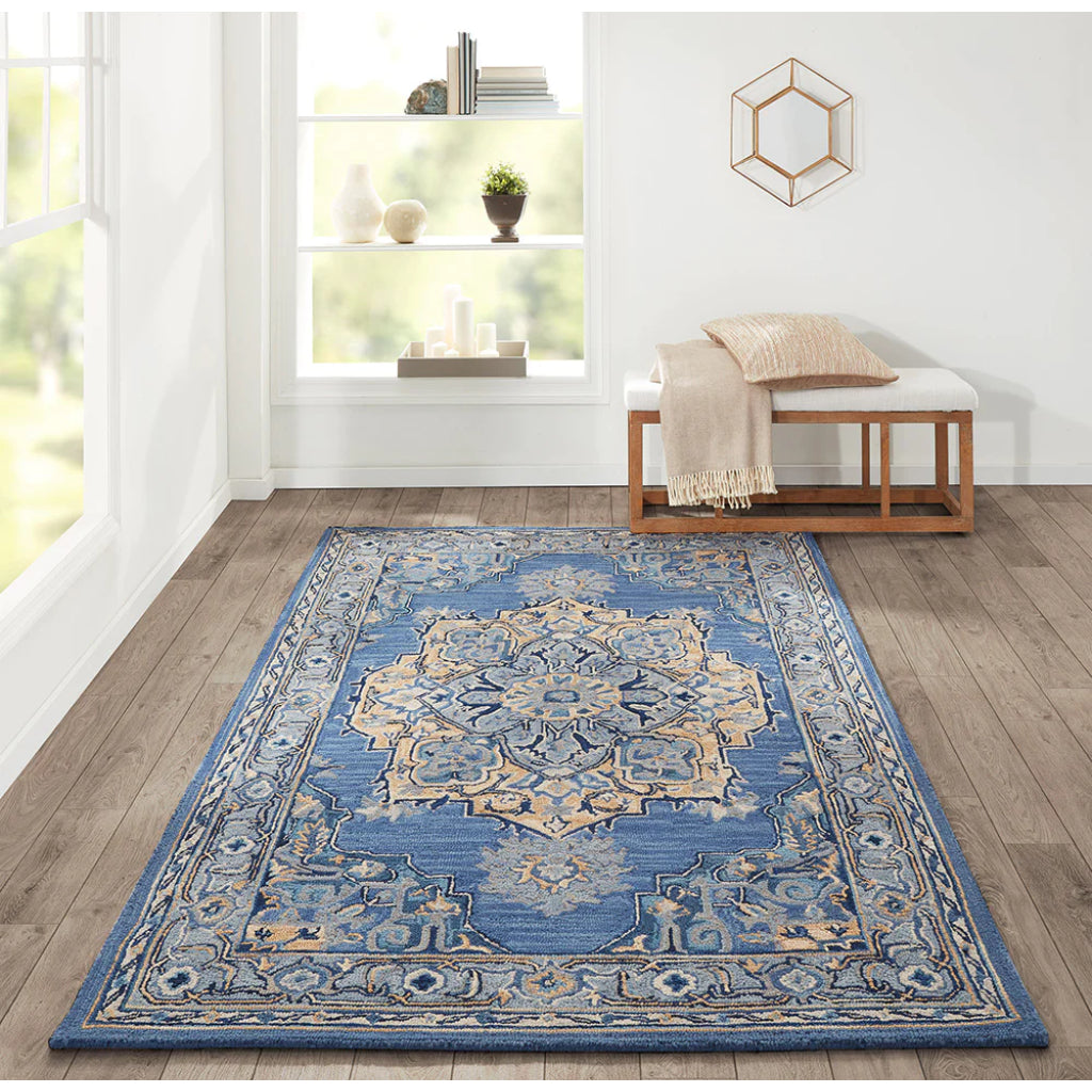 Momeni Ibiza IBI-1 Denim Area Rug &amp; Runner - Traditional Hand Tufted Persian Rug Made of Medium Pile 100% Wool with Medallion Design