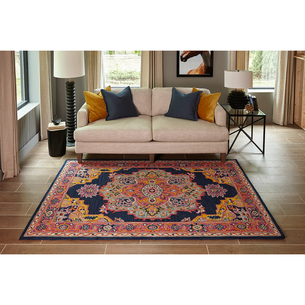 Momeni Ibiza IBI-1 Navy Area Rug & Runner - Classic Hand Tufted Persian Rug Made of Medium Pile 100% Wool with Medallion Design-