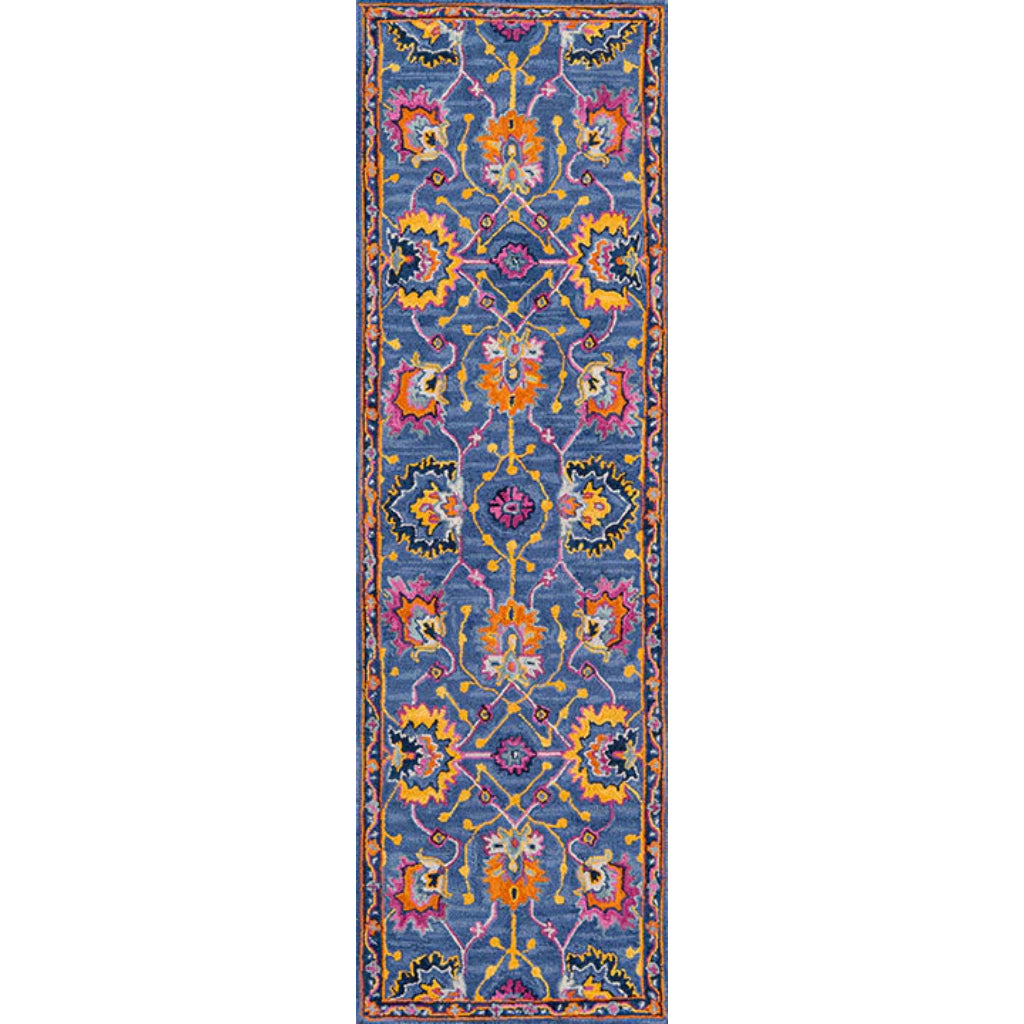 Momeni Ibiza IBI-3 Blue Area Rug &amp; Runner - Classic Hand Tufted Persian Rug Made of Medium Pile 100% Wool with Floral Design