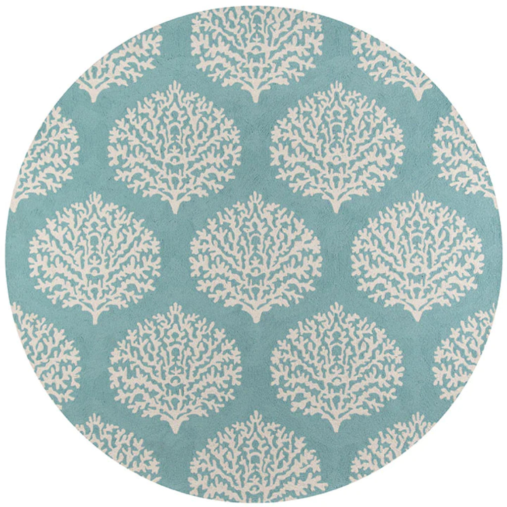 Momeni VR-45 Aqua Veranda Collection Indoor & Outdoor Round Area Rug - Elegant Hand Hooked Rug with Aqua Blue Coral Design-