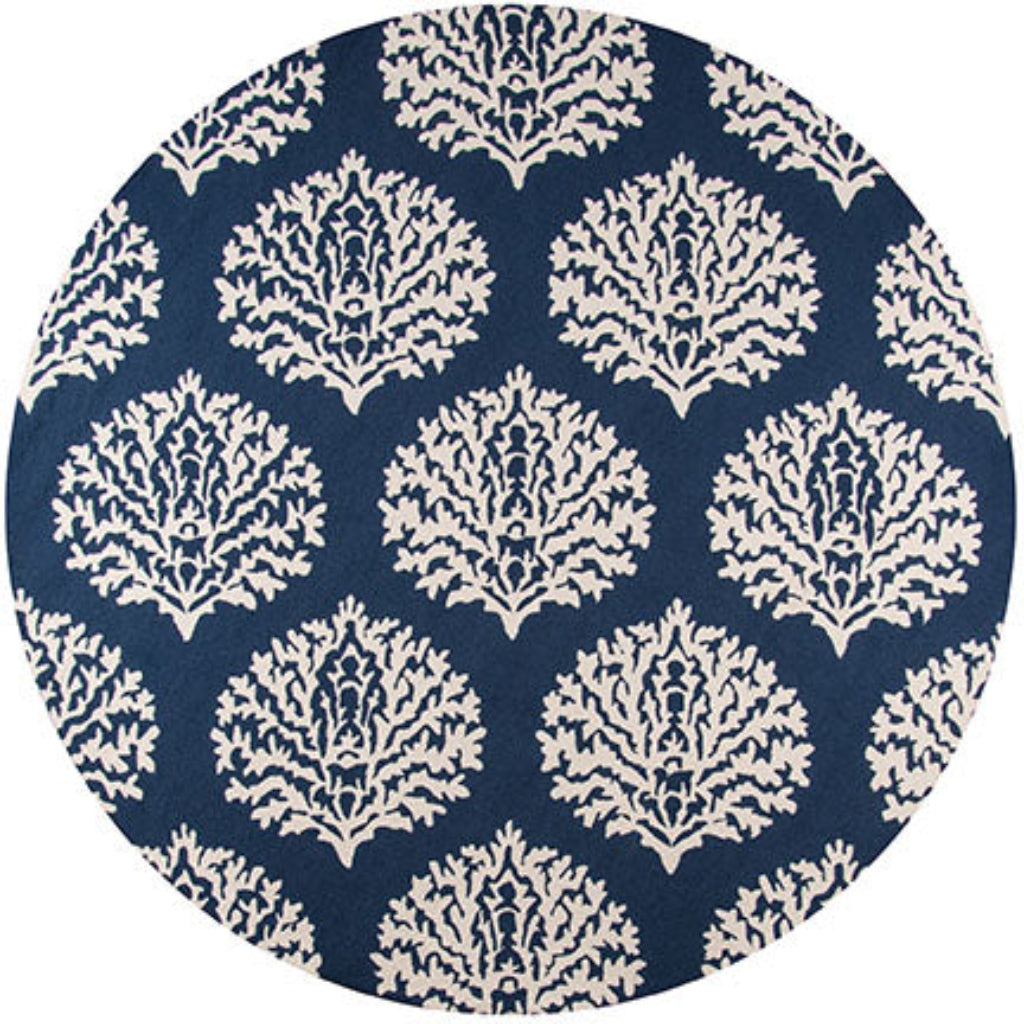 Momeni VR-45 Navy Veranda Collection Indoor &amp; Outdoor Round Area Rug - Weather Resistant Hand Hooked Rug with Navy Blue Coral Design