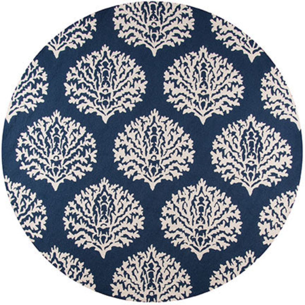 Momeni VR-45 Navy Veranda Collection Indoor & Outdoor Round Area Rug - Weather Resistant Hand Hooked Rug with Navy Blue Coral Design-