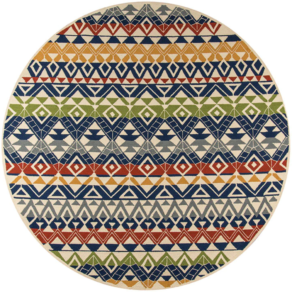 Momeni VR-56 Multi Veranda Collection Indoor & Outdoor Round Area Rug - Elegant & Easy to Clean Hand Hooked Rug with Blue, Green, & Yellow Abstract Pattern-