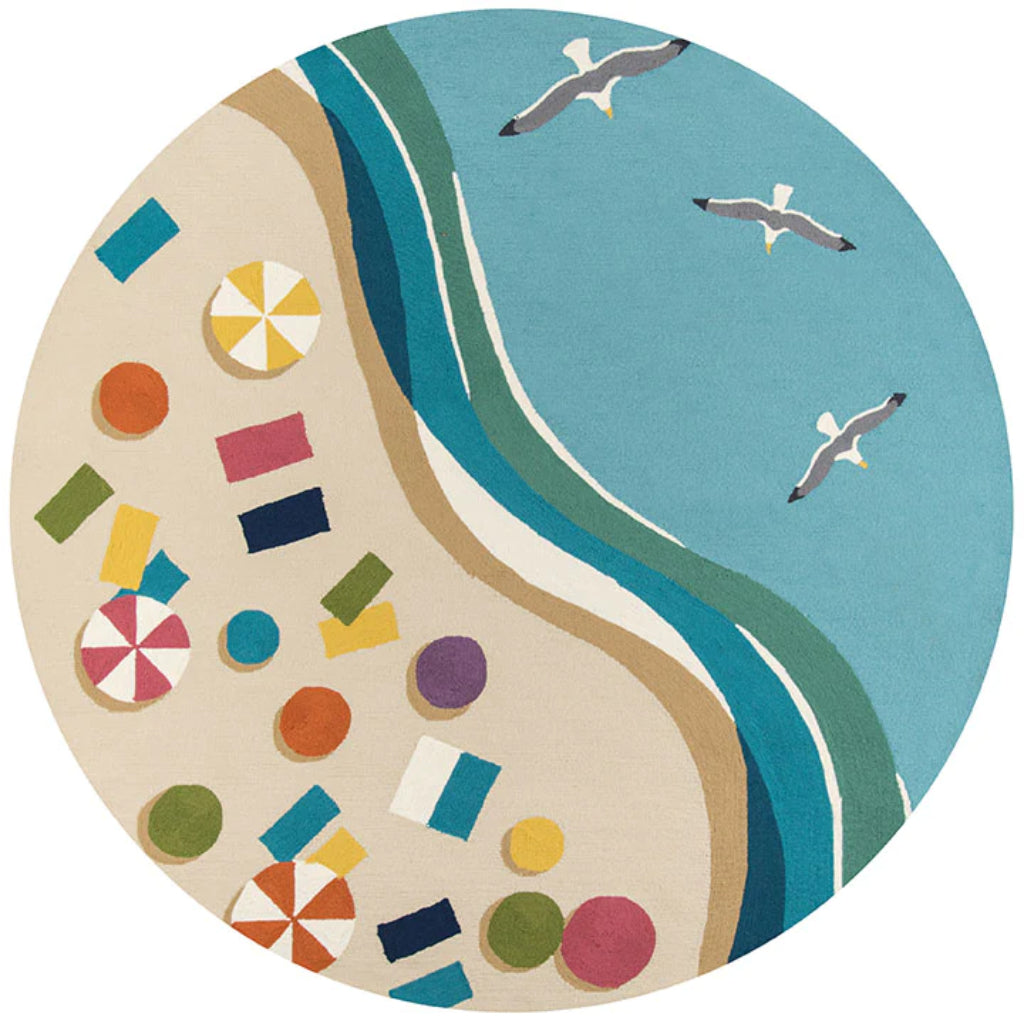 Momeni VR-63 Blue Veranda Collection Indoor & Outdoor Round Area Rug - Weather Resistant Hand Hooked Rug with Beach Aerial View Design-