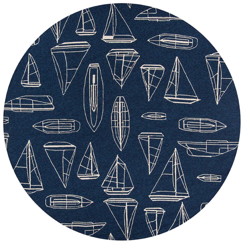 Momeni VR-70 Navy Veranda Collection Indoor & Outdoor Round Area Rug - Trendy Hand Hooked Rug with Blue Sail Boat Design-